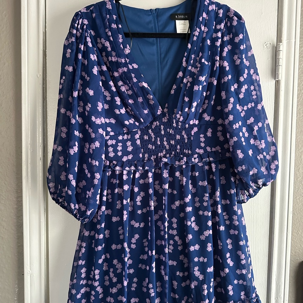 B Darlin Blue Dress with Pink Floral Design
